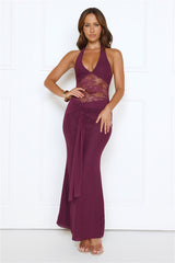 Haute Habit Halter Lace Maxi Dress Plum