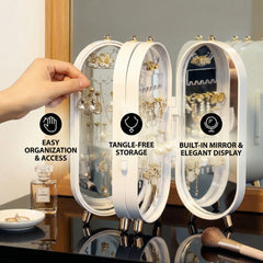 Jewelry Organizer Box with Built-In Mirror | Compact Multi-Compartment Storage for Rings, Earrings & Necklaces | Soft Lined | Green/White
