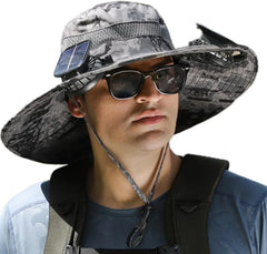 Solar Powered Fan Sun Hat | Wide Brim UV Shade + Instant Cooling Airflow | No Batteries Needed | Outdoor Work, Hiking & Fishing | Black/Camo