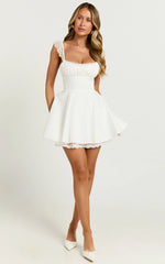 Adalee Mini Dress - Sleeveless Ruched Bodice Lace Trim Dress in Off White