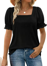 StyleMuse – Square Neck Smocked Sleeve Casual Top