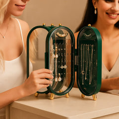 Jewelry Organizer Box with Built-In Mirror | Compact Multi-Compartment Storage for Rings, Earrings & Necklaces | Soft Lined | Green/White