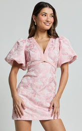 Diana Mini Dress Jacquard Short Sleeve Cut Out Dress in Light Pink