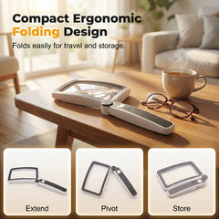 LED Reading Magnifier with Wide Rectangular Lens | 10 Adjustable LEDs + 3 Brightness Levels | Rechargeable USB-C | Foldable Handle