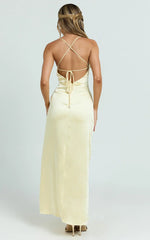Heidi Maxi Dress - Satin Ruched Bust Tie Back Dress in Lemon
