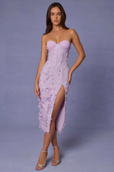 Lace-Up Corset Midaxi Dress with Split in Lilac