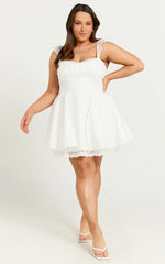 Adalee Mini Dress - Sleeveless Ruched Bodice Lace Trim Dress in Off White