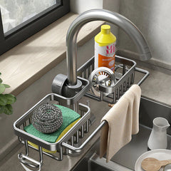 Faucet Sponge Holder & Sink Caddy Rack | Fast-Drain Hollow Base for Cleaner, Drier Tools | Rust-Resistant Aluminum | 4 Colors