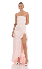 Satin Jacquard Back Bow Corset Maxi Dress in Pink