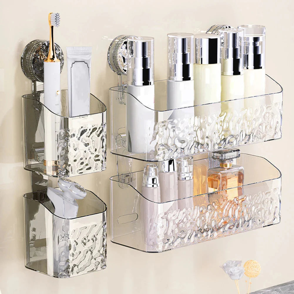Suction Bathroom Shelf Organizer | Damage-Free Shower Storage for Shampoo, Razors & Soap | Waterproof, Mold-Resistant | Silver/Gray