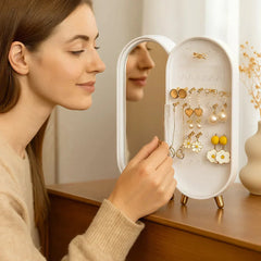 Jewelry Organizer Box with Built-In Mirror | Compact Multi-Compartment Storage for Rings, Earrings & Necklaces | Soft Lined | Green/White