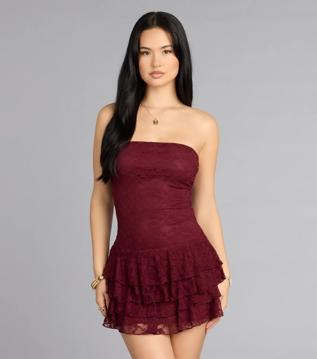 Flirt First Strapless Lace Tiered Mini Dress