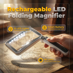 LED Reading Magnifier with Wide Rectangular Lens | 10 Adjustable LEDs + 3 Brightness Levels | Rechargeable USB-C | Foldable Handle