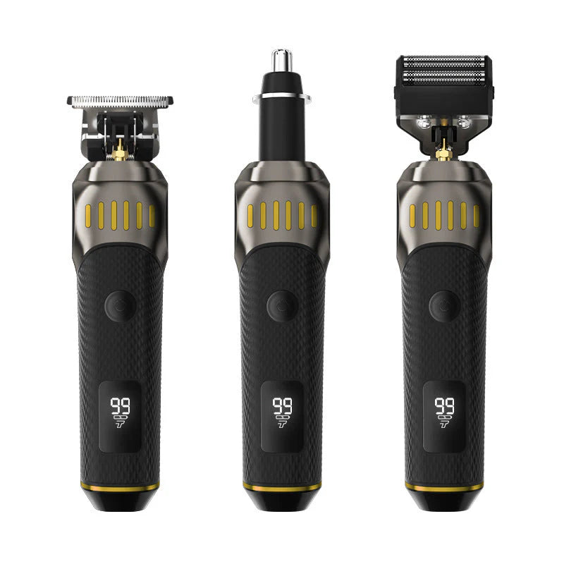 Men’s Grooming Kit with T-Blade Trimmer + Dual Foil Shaver | Nose & Ear Trimmer | LED Battery Display | USB Rechargeable