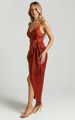 How Will I Know Midi Dress - Wrap Waist Tie Tulip Hem Dress in Copper