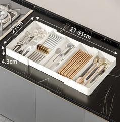 Expandable Drawer Organizer Tray | Clear Compartments for Cutlery, Makeup & Office Supplies | Scratch-Protection Design | Left/Right or 4-Panel