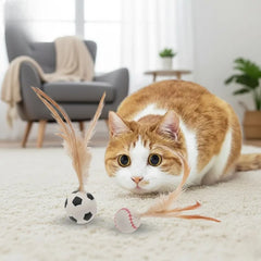 Cat Feather Spring Ball Toy Set (3 Pack) | Silent No-Battery Bouncer | Non-Toxic Silicone + Real Feathers | 3 × 13 cm