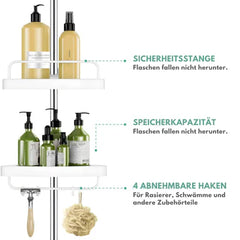 Shower Caddy Corner Pole Organizer | 4 Deep Drainage Shelves, Tool-Free Install | Adjustable Height 100–260 cm | PP Rust-Free