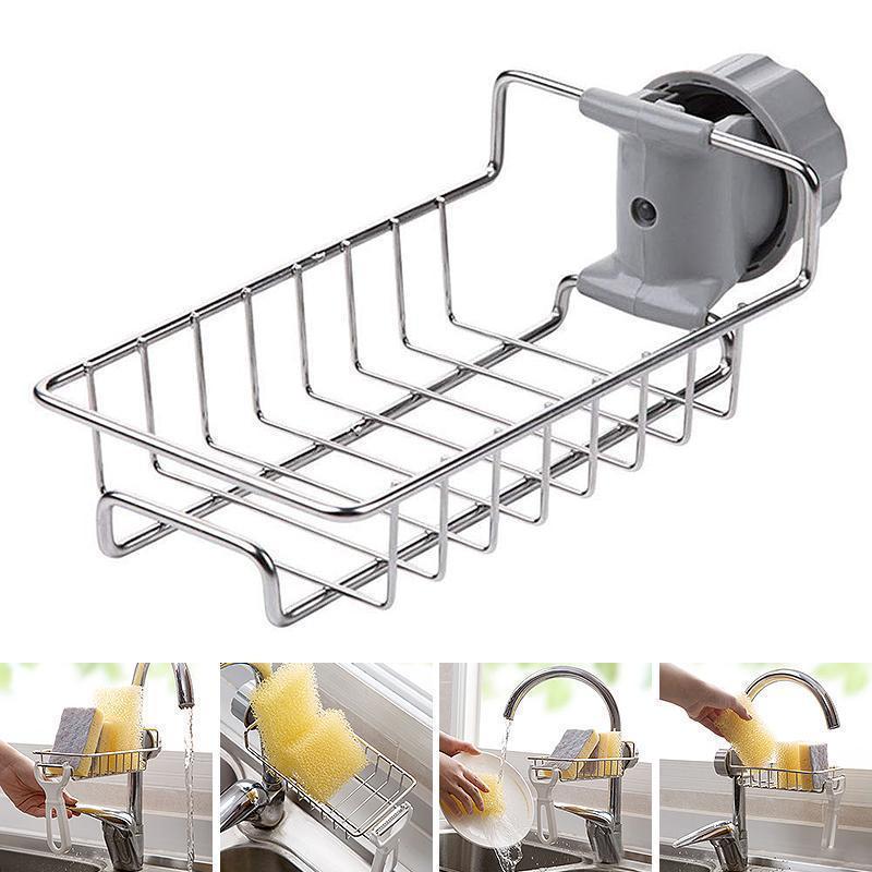 Stainless Steel Sink Organizer for Faucet | Fast-Drain Sponge & Brush Caddy | No-Drill Clip-On Clamp | Rust-Resistant