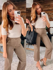 Tummy Control Twill Cropped Wide Leg Pants