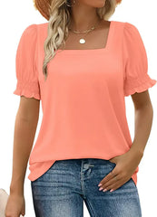 StyleMuse – Square Neck Smocked Sleeve Casual Top