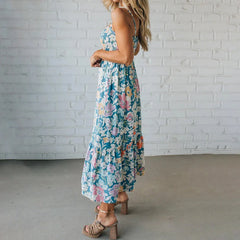 Floral Maxi Dress Smocked Bodice Adjustable Straps