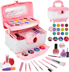 Kids Washable Makeup Kit (Ages 4–12) | Non-Toxic & Hypoallergenic | Soap-and-Water Clean | Shockproof Carry Case | Small/Large Set