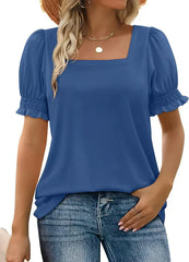 StyleMuse – Square Neck Smocked Sleeve Casual Top