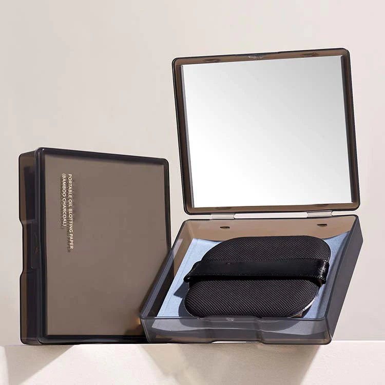 Oil Blotting Sheets with Built-In Mirror + Sticky Puff | Bamboo Charcoal Fiber, Makeup-Safe Shine Control | 100 Sheets
