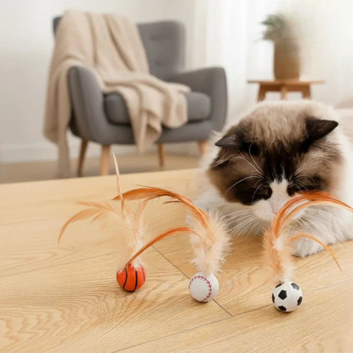 Cat Feather Spring Ball Toy Set (3 Pack) | Silent No-Battery Bouncer | Non-Toxic Silicone + Real Feathers | 3 × 13 cm
