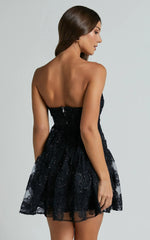 Marzy Mini Dress Strapless Floral Detail Lace Fit and Flare Dress in Black