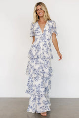 Montaigne Ruffle Maxi Dress | Off White + Blue